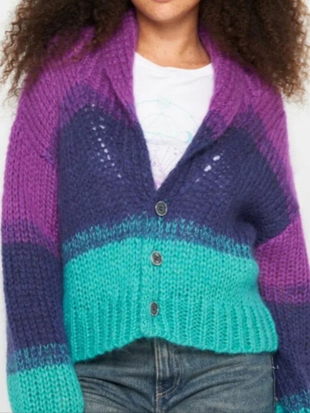 Spiritual Gangster Royce Stripe Chunky Open Knit Button-Front Cardigan Size Med